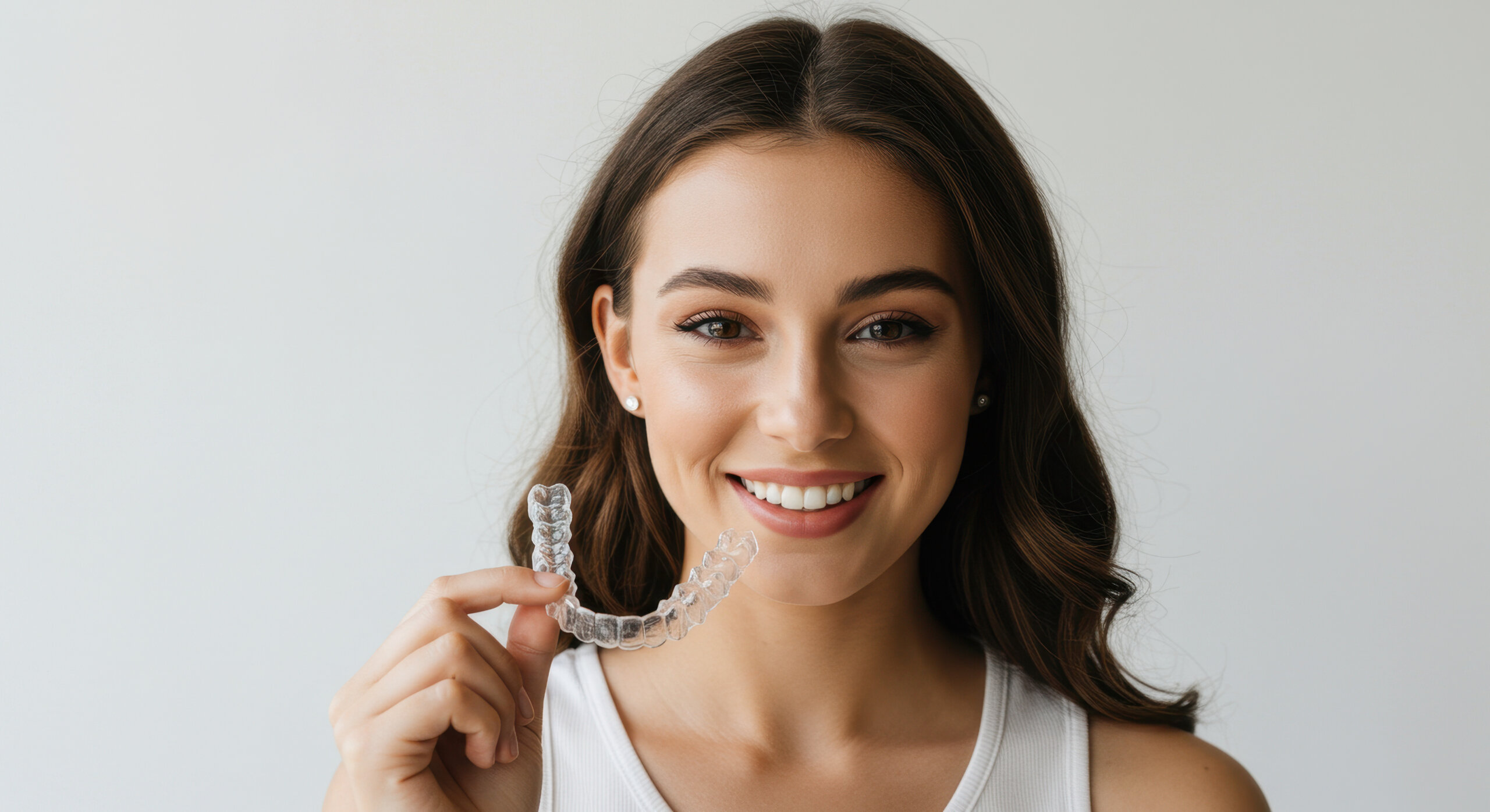 Patiente souriante tenant un aligneur transparent en forme de cœur chez Orozen